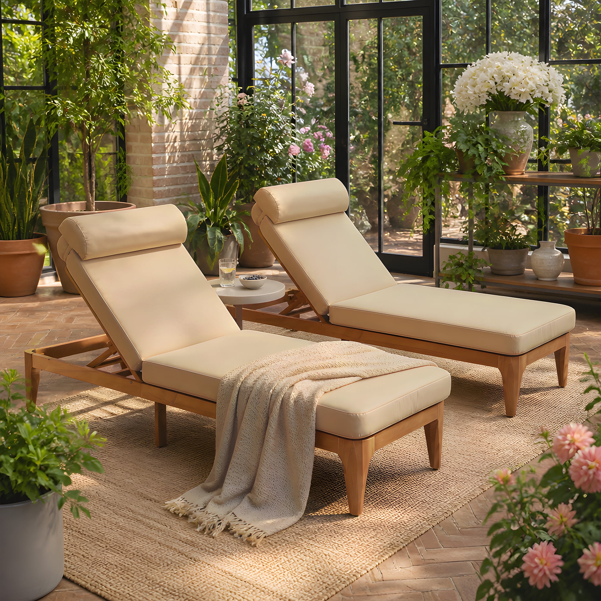 Mintazer Outdoor Chaise Lounge Set of 2, Sun Lounge Chair with Removable Cushion & Head Pillow, Patio Recliner with 4 Gear Adjustable Recliner for Poolside Deck, Natural & Brown