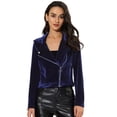 thumbnail image 1 of Women's Velvet Zipper Lapel Collar Moto Biker Jacket Blue M, 1 of 6