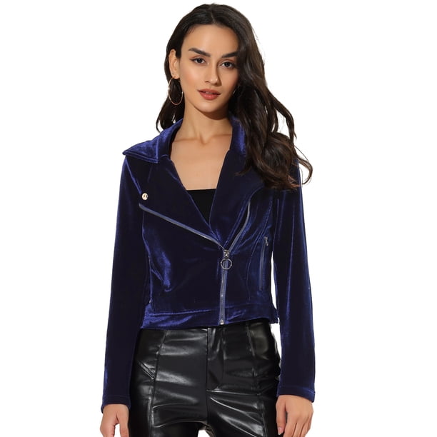 Women's Velvet Zipper Lapel Collar Moto Biker Jacket Blue M
