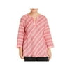 NIC+ZOE Womens Red Fringed Pleated Split Neck Striped 3/4 Sleeve Tunic Top Plus 3X