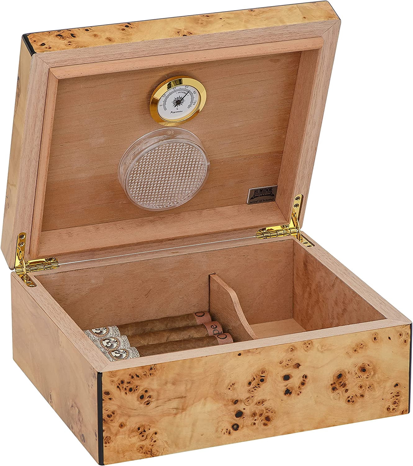 Humidor Supreme Flanders Desktop Cigar Storage Mapa Burl Wood and Decorative Inlay Glass Hygrometer Crystal Humidifier Spanish Cedar Lined, Holds 30-55 Cigars