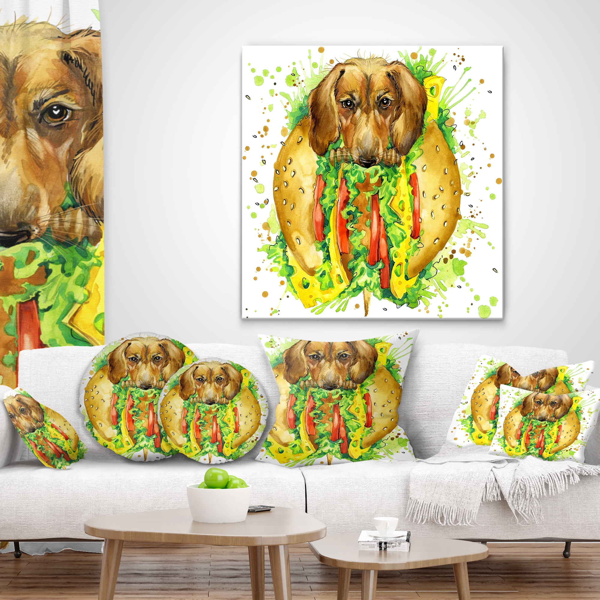 Designart Funny Dog inside Sandwich - Contemporary Animal Throw Pillow - 18x18