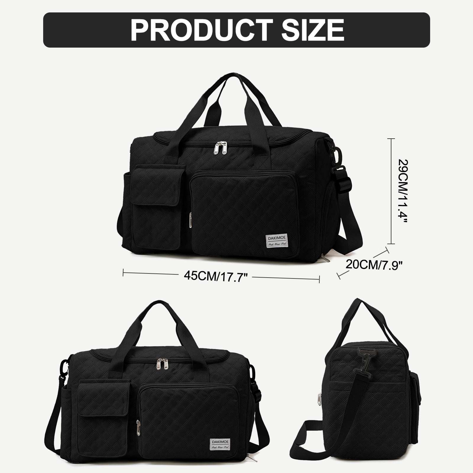 DAKIMOE Travel Duffle Bag for Women Men, Weekender Overnight Bags Carry on Gym Bag with Wet Pocket/Adjustable Strap/Shoe Compartment, Foldable Waterproof Duffel Tote for Plane Sports Dance, Black
