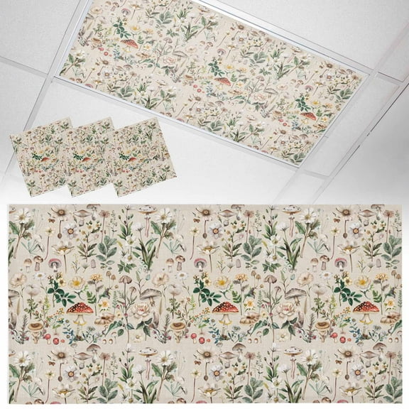 3 Pack Mushroom Spring Fluorescent Light Covers for Ceiling Lights Floral Summer Plant Leaves Linen Magnetic Ceiling Light Covers Overhead Light Filters for Office Classroom Home