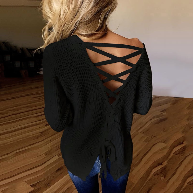 Women Knitted Sweater Cutout Crisscross 