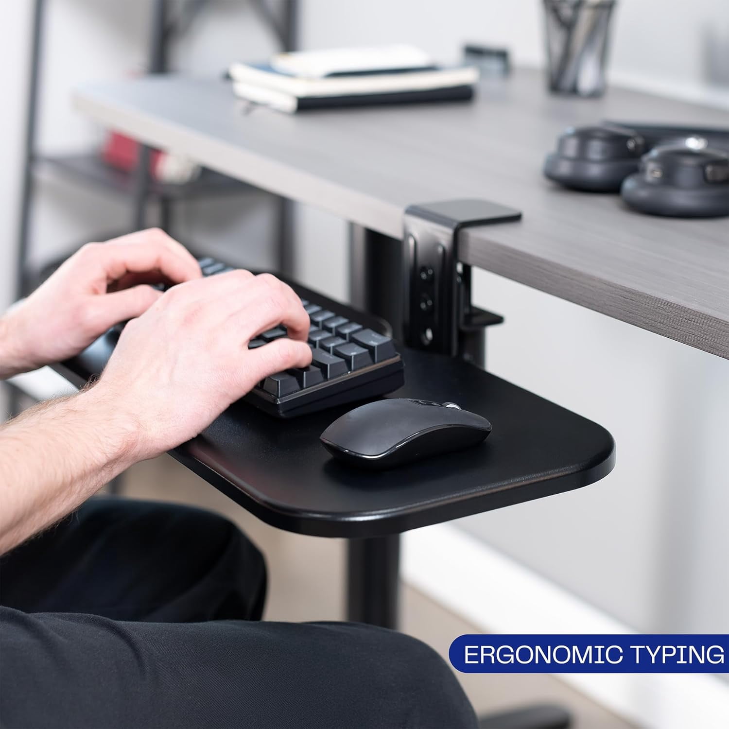Clamp-on 23 x 10 Inch Rotating Computer Keyboard and Mouse Tray, Extra Sturdy Desk Swivel Clamp, Ergonomic Typing, Black, MOUNT-KB04CB