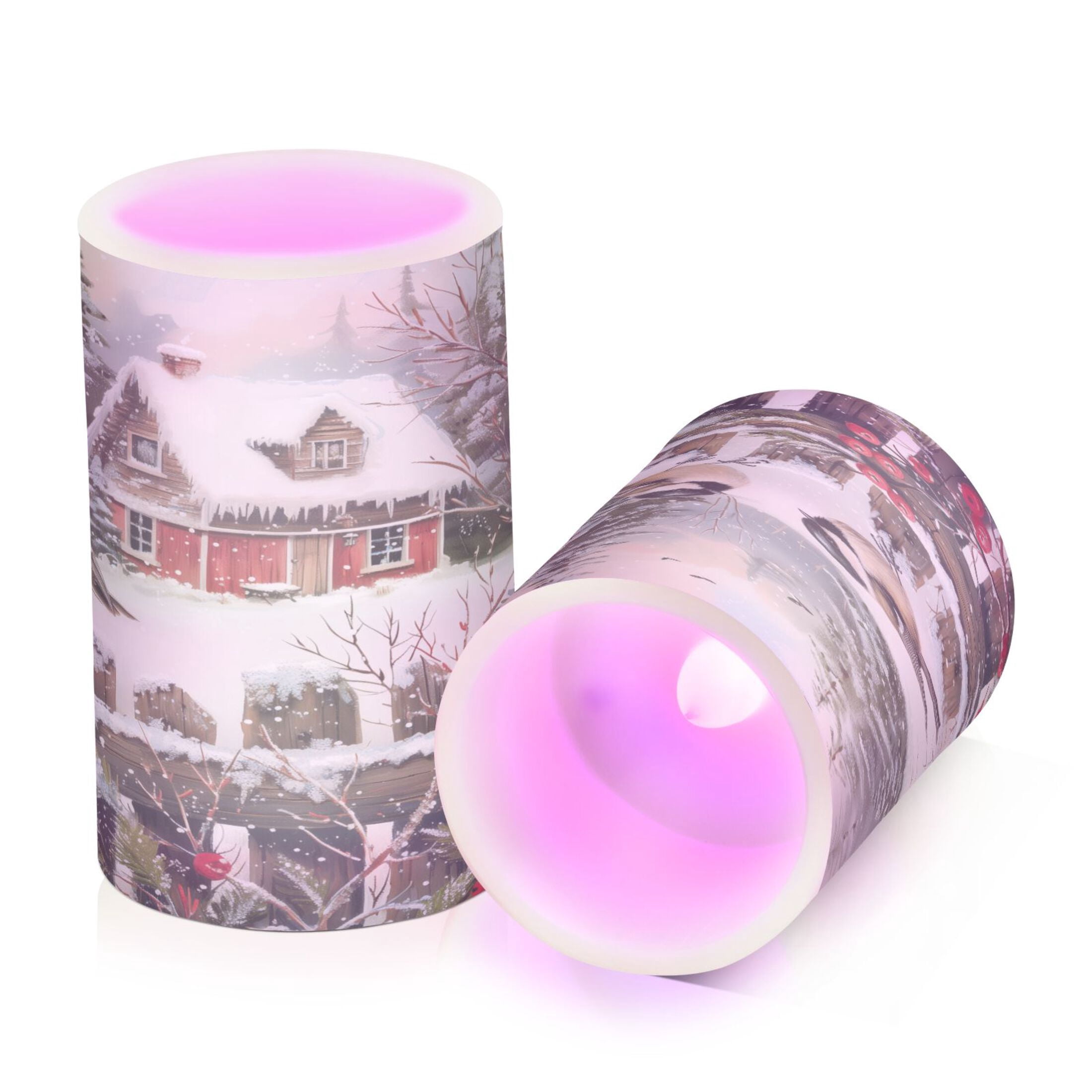 Flickering Flameless LED Candles set of 2 Battery Operated 18-Key Remotes Timer Halloween Fall Decor Chickadees Bird and House D3''xH4''5''