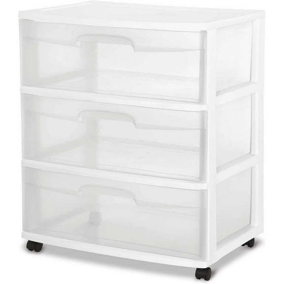 Plastic Storage Drawer Cart, Medium Home Organization Storage Container with 3 Large Clear Drawers With Wheels (White)