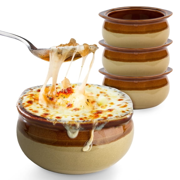 Stock Your Home 12 oz French Onion Soup Crock (4 Pack ) -Two-Toned Brown & Ivory Porcelain Soup Bowls -Oven Safe Soup Bowls -Microwave and Dishwasher Safe Soup Crocks