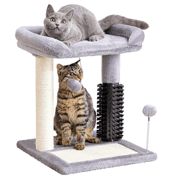 Small Cat Tree Tower, Cat Scratching Post 4-in-1 with Self Groomer Brush, 20" Tall Natural Sisal Cat Scratcher, Plush Perch Bed with Dangling Ball for Indoor Kittens, Grey