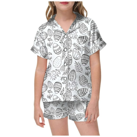 TOOYOU Girls Sleepwear 2 Pack Pajamas Diy Printed Lapel Buttons Short Sleeve Top + Shorts Pjs Set Comfortable Breathable Sweet Girl Relaxing Casual Pyjamas Size 10-11 Years White