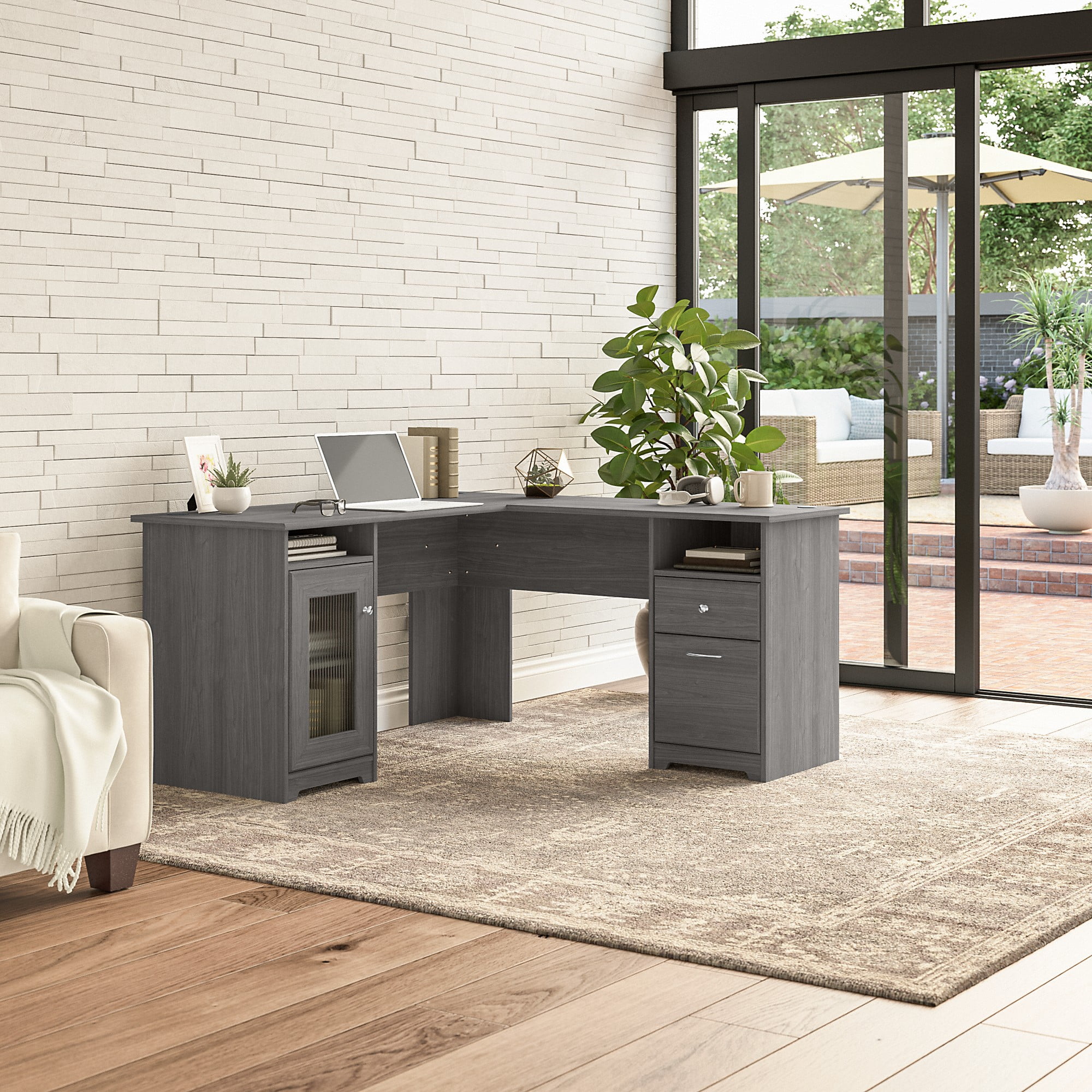 Bush Furniture Cabot 60" L Shaped Desk with Storage, Modern Gray