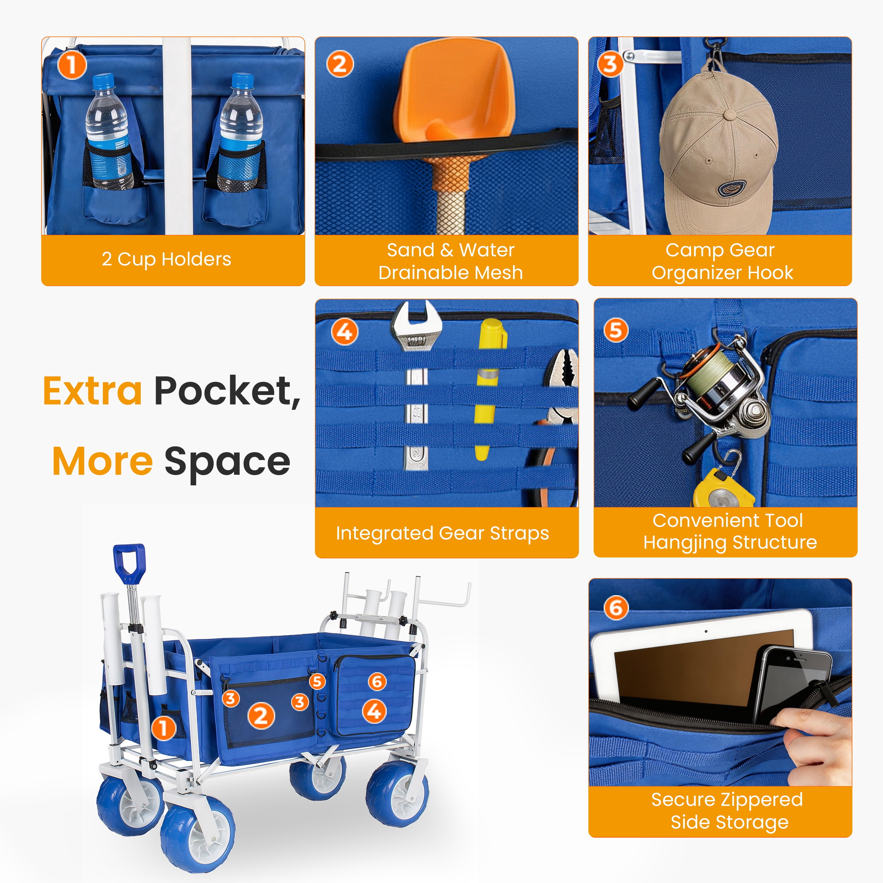 Beach Wagon Cart Chair Racks Fishing Rod Holders 9 Inch All-Terrain Wheels 500lbs Heavy Duty Collapsible Removable Cooler Storage Bags Beach Camping Fishing Garden Outdoor Sports Blue