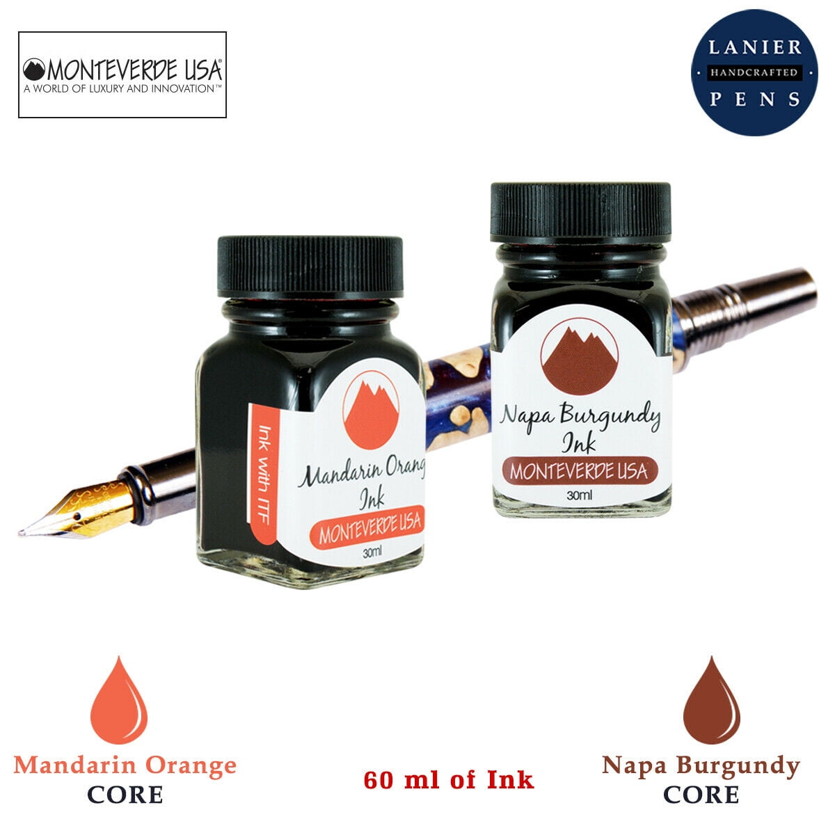 Monteverde 60ml Core Fountain Pen Ink Bottle (30ml Mandarin Orange Ink Bottle G309MO, 30ml Napa Burgundy Ink Bottle G309NB)