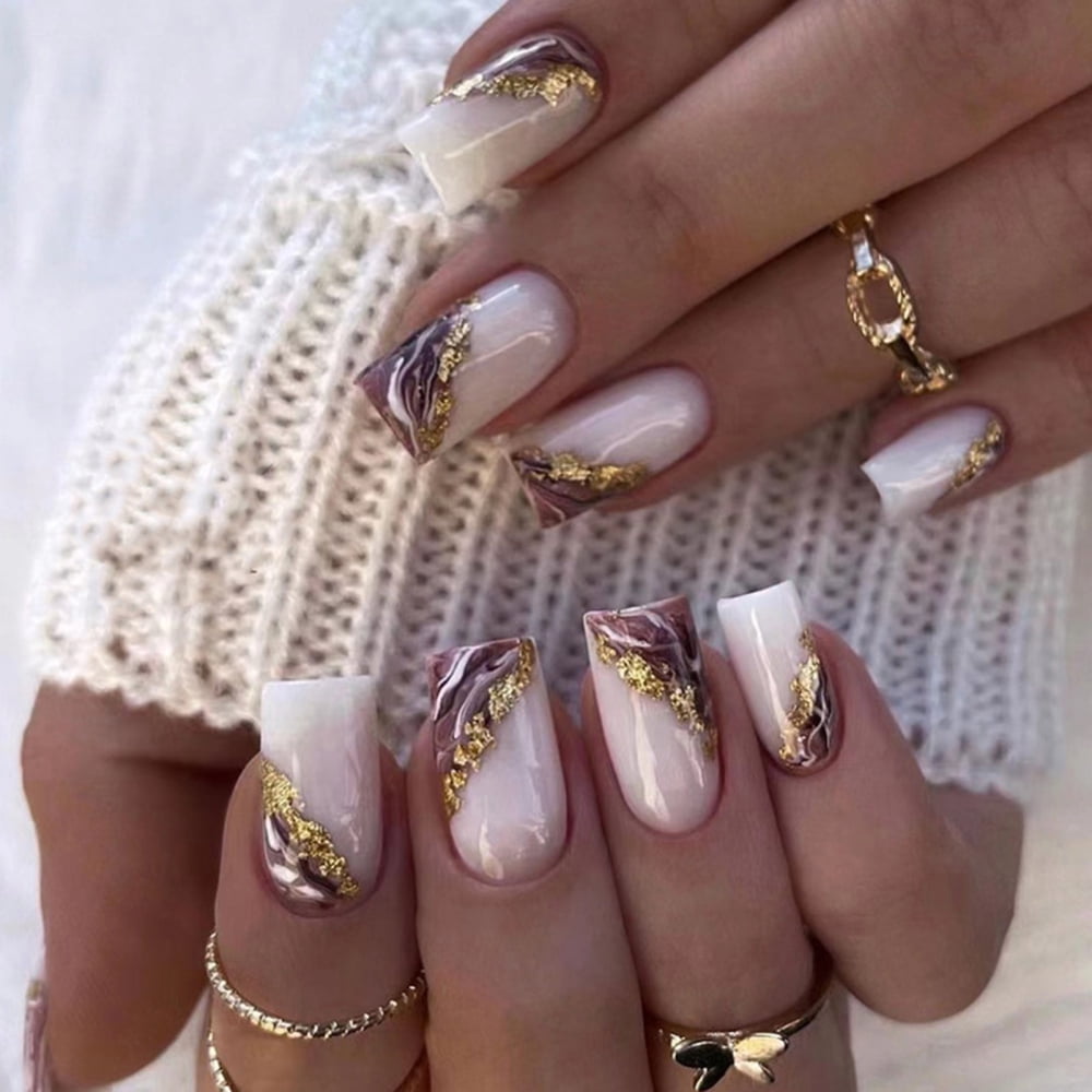 Buy Gold Leaf Ombre Custom Press on Nails Gold Leaf False Nails Nude Stick  on Nails Wedding Nails Online in India - Etsy