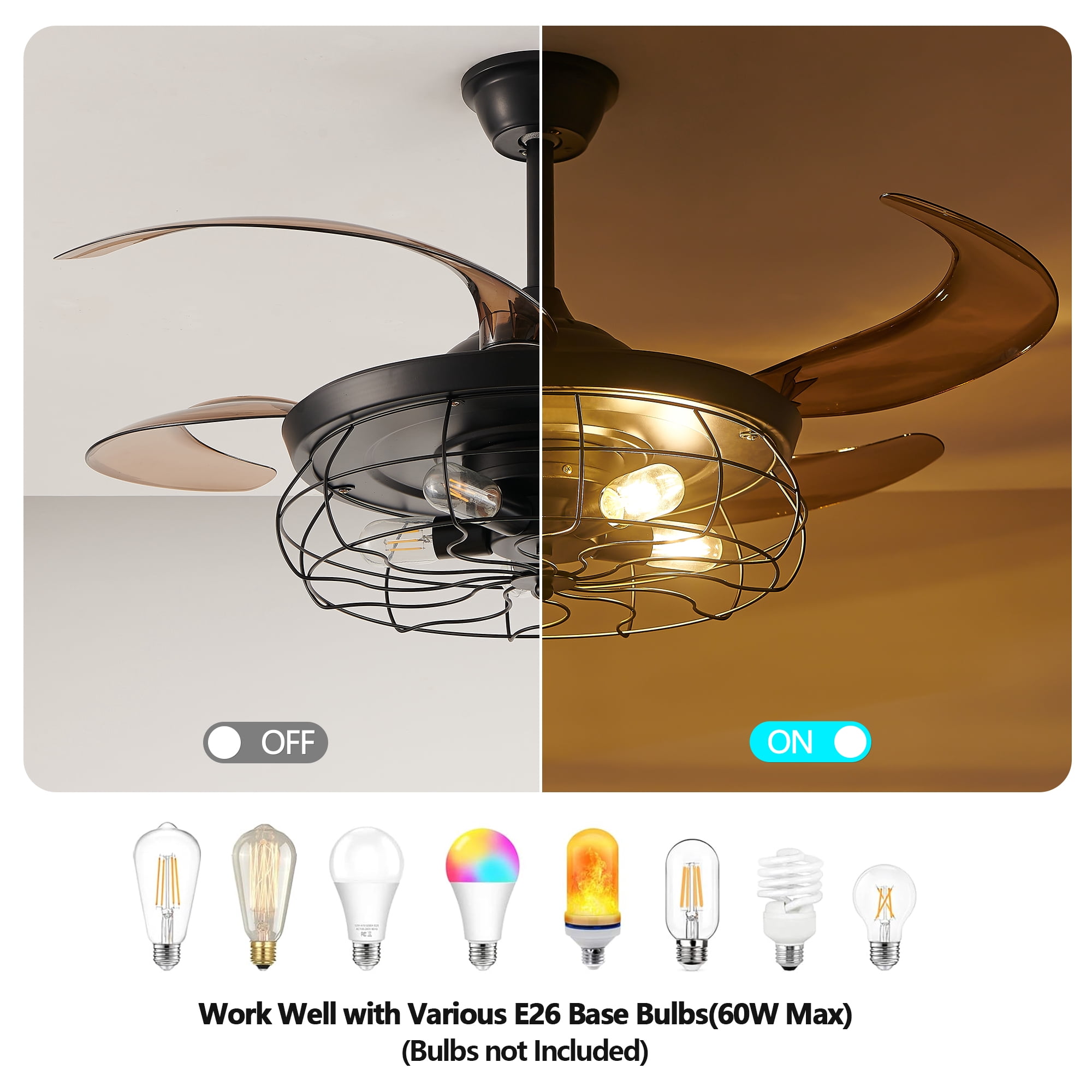 48 Inch Retractable Ceiling Fan with Lights and Remote, Industrial Caged Fandelier with 4 Blades, 6-Speed Reversible DC Motor