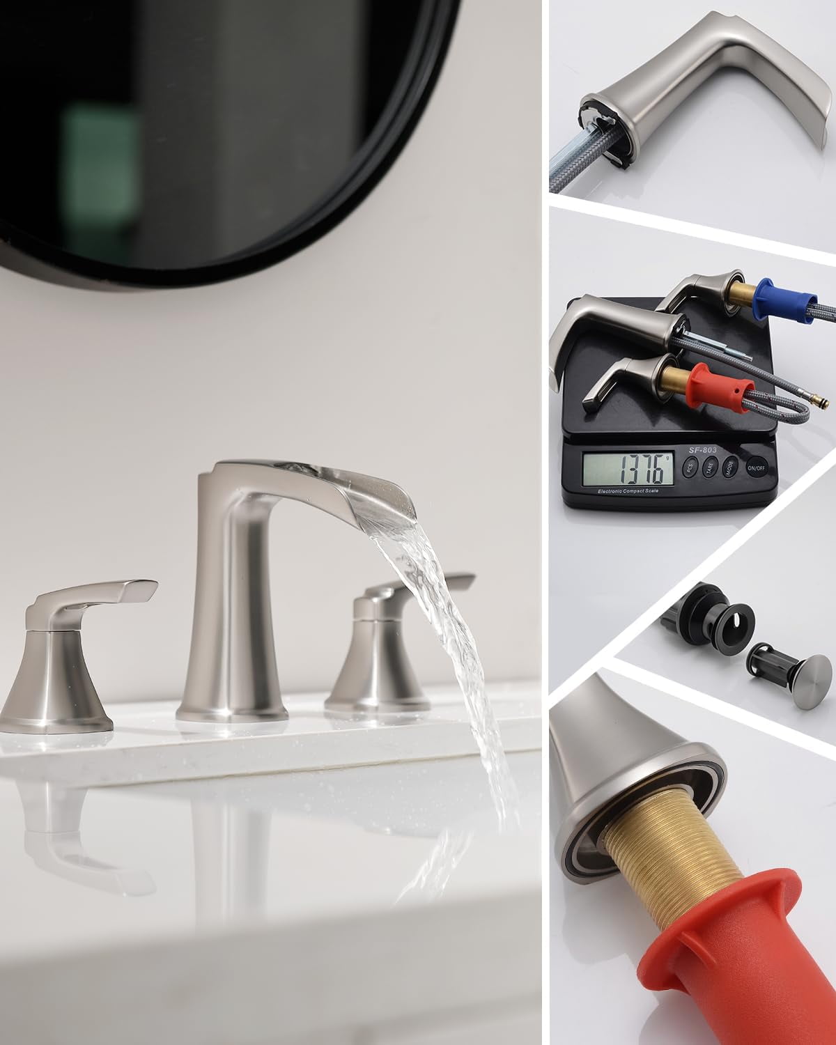 Brushed Nickel Bathroom Faucet 3 Hole, Waterfall 8 Inch Widespread Bathroom Sink Faucet with Pop-up Drain, Two-Handle Faucet for Bathroom Sink