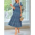 thumbnail image 4 of Summer Maxi Dresses for Women 2025 Casual V Neck Puff Short Sleeve Smocked Flowy Beach Boho Long Floral Dress Blue S, 4 of 8