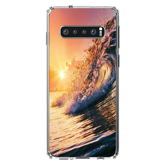 DistinctInk Clear Shockproof Hybrid Case for Samsung Galaxy S10  PLUS(6.4" Screen) - TPU Bumper, Acrylic Back, Tempered Glass Screen Protector - Ocean Wave Sunset