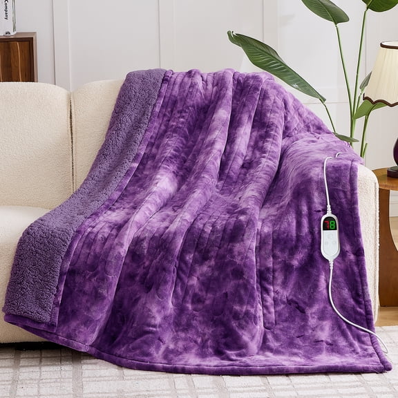 MEUDYT Electric Heated Blanket, 50.1"x60.1" Heating Blanket for Adult, Soft Flannel & Sherpa, 10 Heating Levels & 1-8 Hours Auto off, Purple