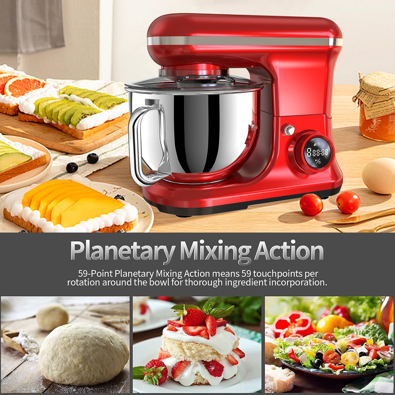 Fenbeli 5.3Qt Stand Mixer,650 W 8 Speeds Kitchen Electric Food Mixer for Daily Use with Egg Whisk,Dough Hook,Flat Beater,Red