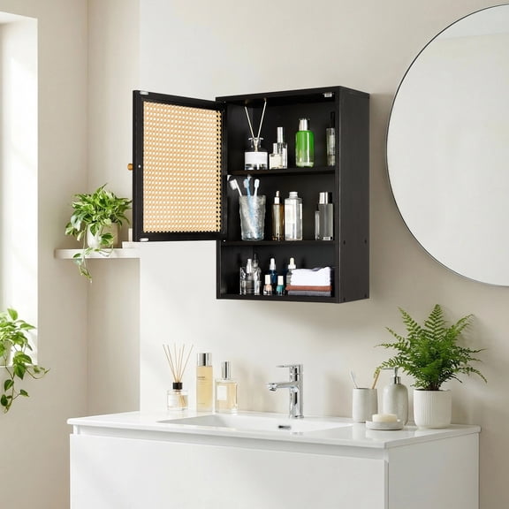 Bathroom Wall Cabinet, Bamboo Medicine Cabinet with Rattan Doors, Adjustable Shelf, Wall Mounted Storage Cabinet for Bathroom, Kitchen, Laundry Room