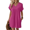thumbnail image 5 of CHIUNL Summer Dresses for Women, V Neck Short Sleeve T-Shirt Dress with Pockets, Casual Loose Fit Mini Dress, Fashion Clothing for Vacation & Daily Wear (Hot Pink XL), 5 of 7