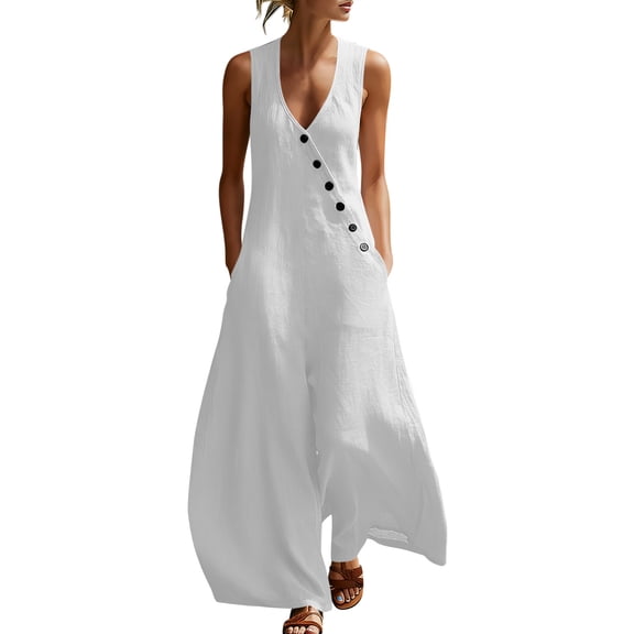 Tbopshirt Jumpsuits for Women Cotton Linen Button Wide Leg Summer Casual Solid Color V-Neck Beach Overalls with Pockets