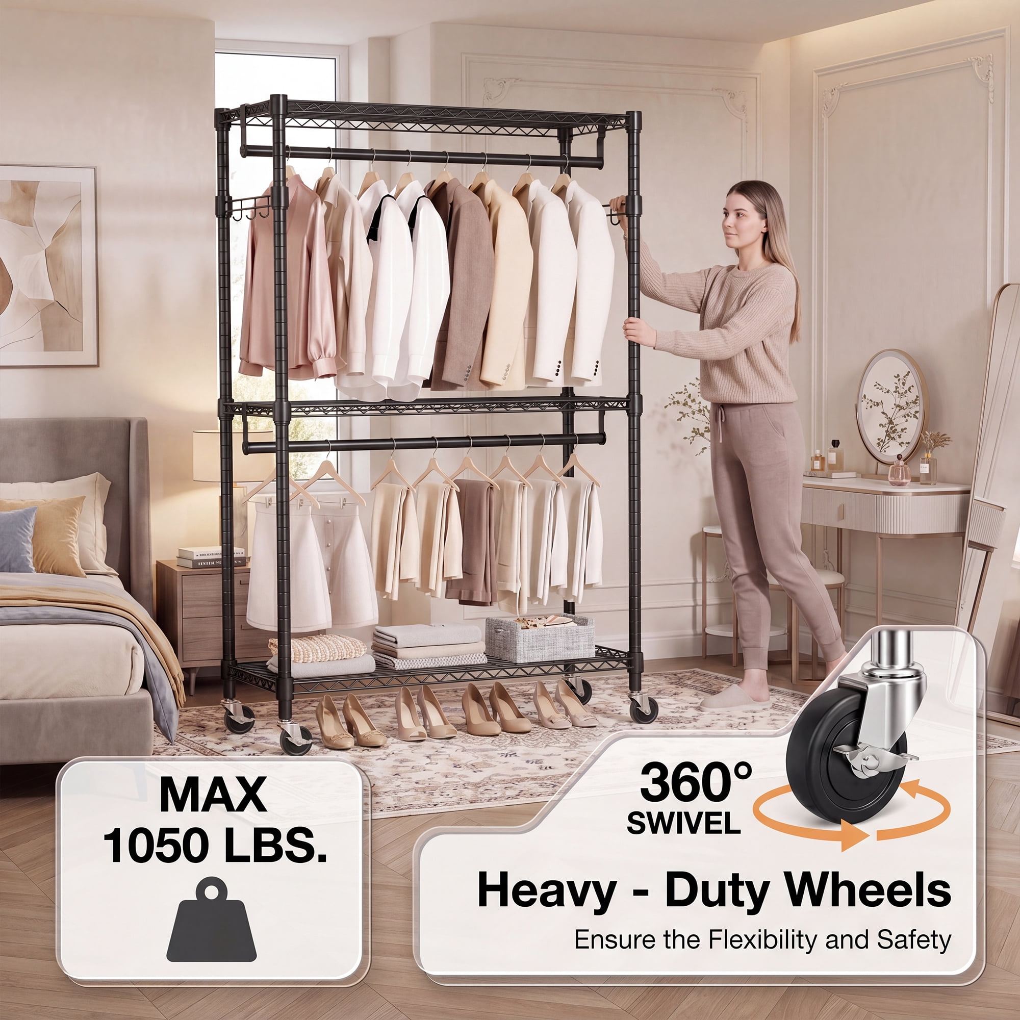 Leumius 3 Tiers Heavy Duty Rolling Garment Rack, Adjustable Wire Shelving Clothes Rack with 2 Rods and Side Hooks,Storage Closet Clothing Rack with Wheels for Laundry Room Bedroom Cloakroom Black