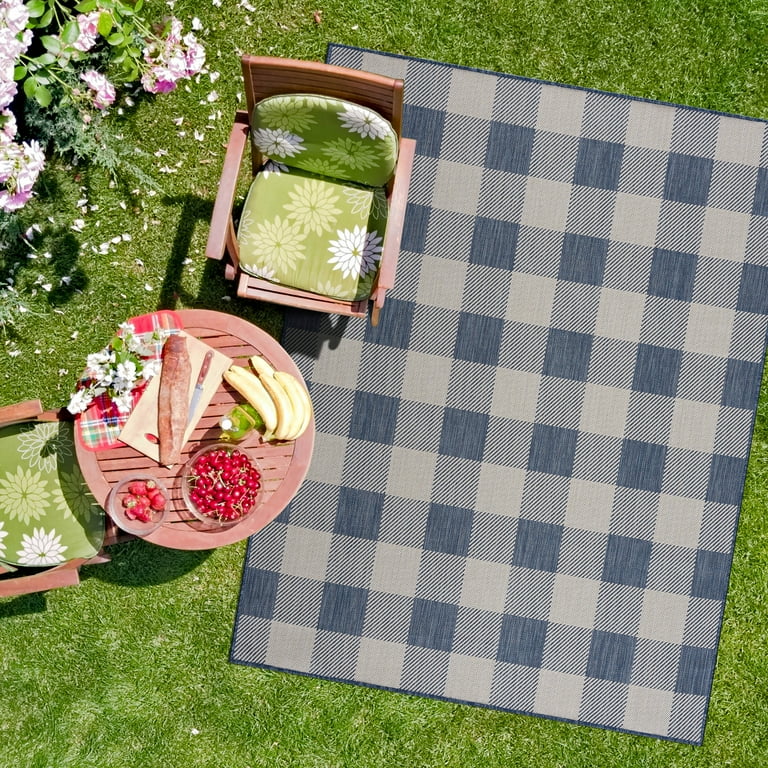 Debao Buffalo Plaid Outdoor Rug, 3x5 Blue and White Checkered Door