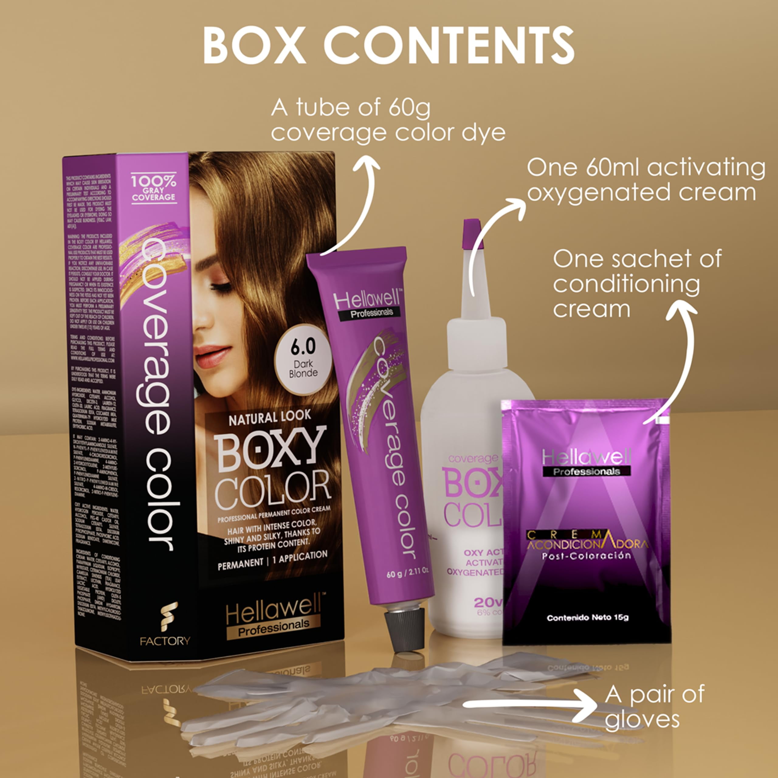 Professional Coloring kit - Permanent color cream hair dye. Gray Coverage. 6.0 Dark Blonde + Brown Color Shampoo and Conditioner Kit for Revives the Color.