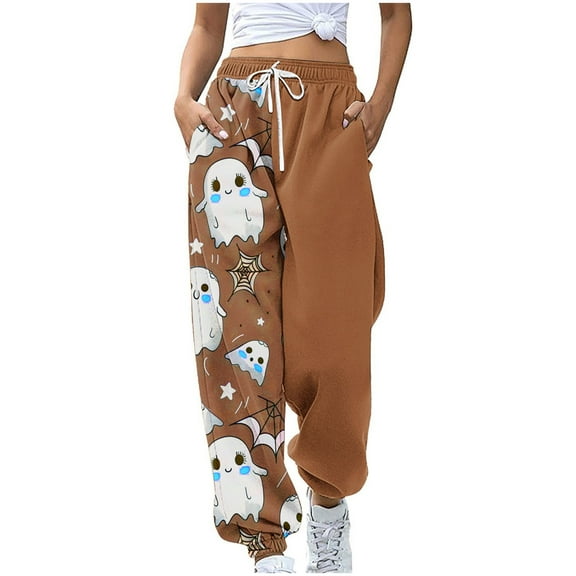 Guluxicc Sweatpants for Women Casual Drawstring Elastic Waist Halloween Graphic Print Pants Athletic Jogger Pants, Brown, L