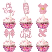 Baby Girl Glitter Cupcake Toppers, Light Pink, Pacifier, Onesie, Bow Picks, Baby Shower Party Decorations, 12 Pack