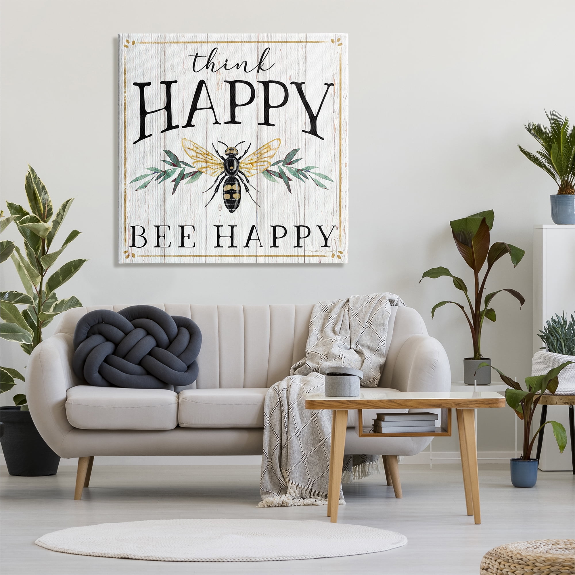 Stupell Industries Think Happy Bee Happy Phrase Insect Pun Inspirational Painting Gallery Wrapped Canvas Print Wall Art, 36 x 36