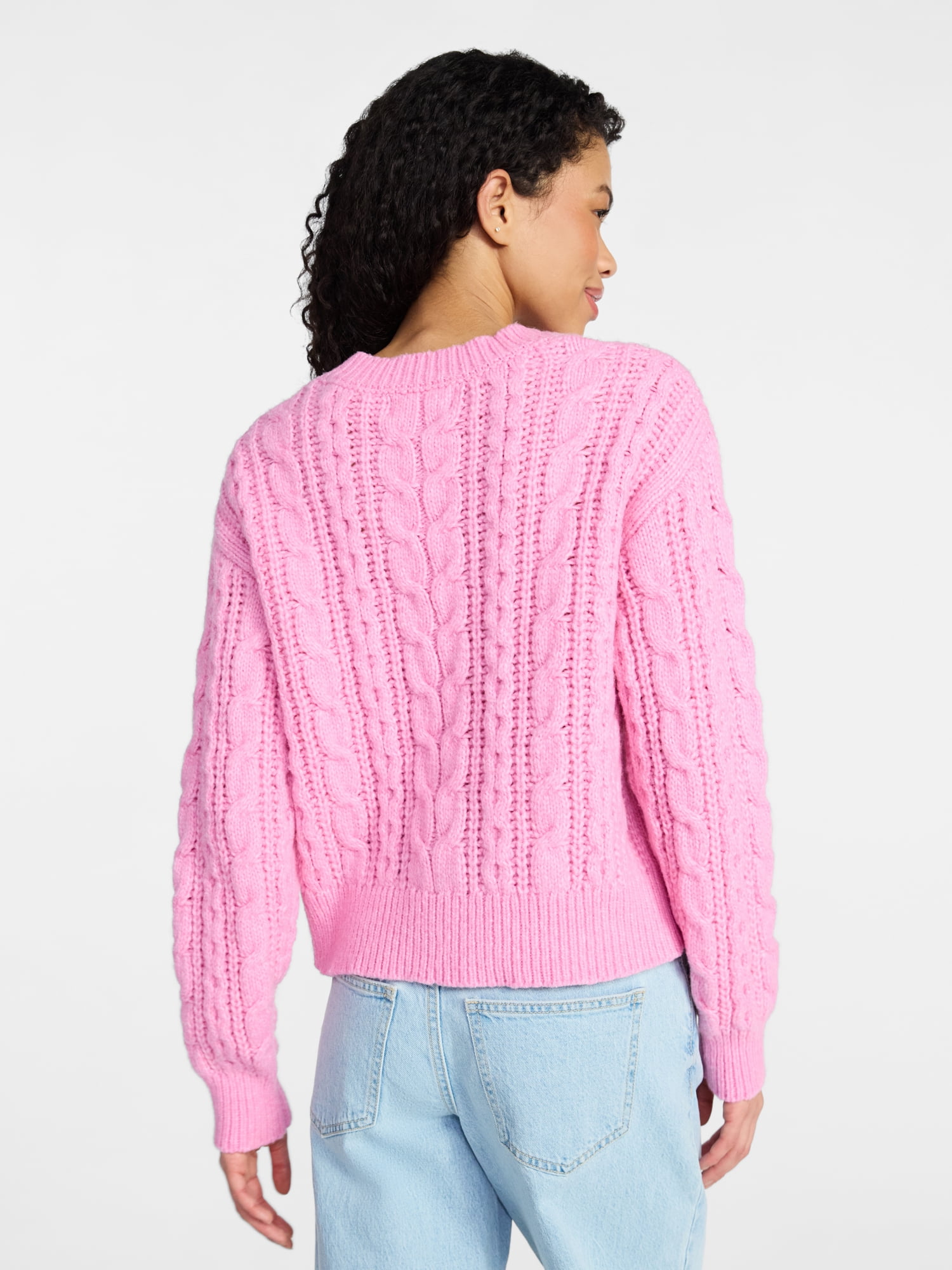 No Boundaries Cable Crewneck Drop Shoulder Sweater, Midweight, Women's XXS-XXL