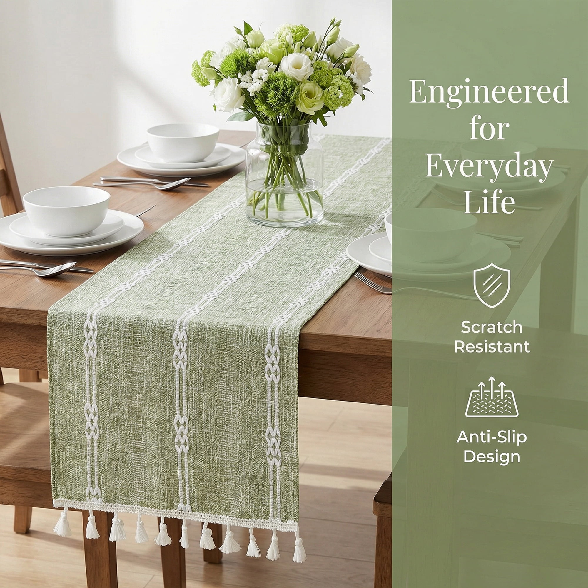 Unique Bargains Openwork Polyester Runner Table Runner for Kitchen Decor Green 13"x63"