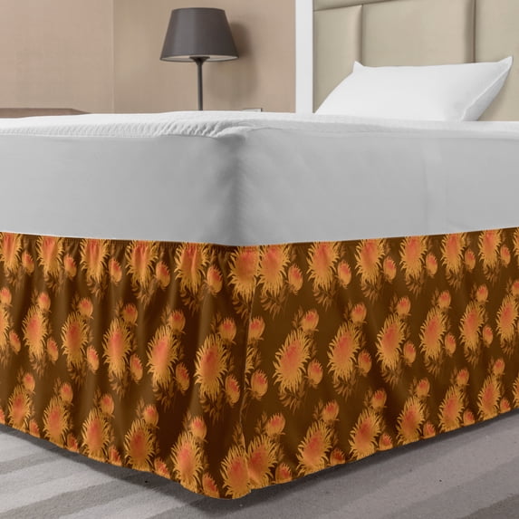 Vintage Bed Skirt, Autumn Themed Chrysanthemum Flowers Pansy Motif, Elastic Bedskirt Dust Ruffle Wrap Around for Bedding Decor, 4 Sizes, Ginger Caramel, by Ambesonne