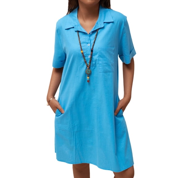 CIENVNSTG Women Summer Dress Short Sleeve Knee Length T Shirt Dress Blouse Solid V Neck Casual Dresses Blue XL