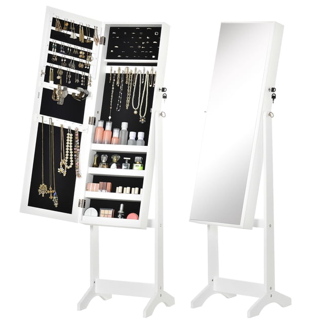 Armoire à Bijoux sur Pied : Verrouillable, Miroir Pleine Longueur, 4 Angles Réglables, Blanc
