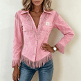 thumbnail image 4 of Boyscolos Women Faux Suede Fringe Polo Shirts Point Collar Long Sleeve Western Cowboy Button Down Womens Western Tops Pink L, 4 of 4