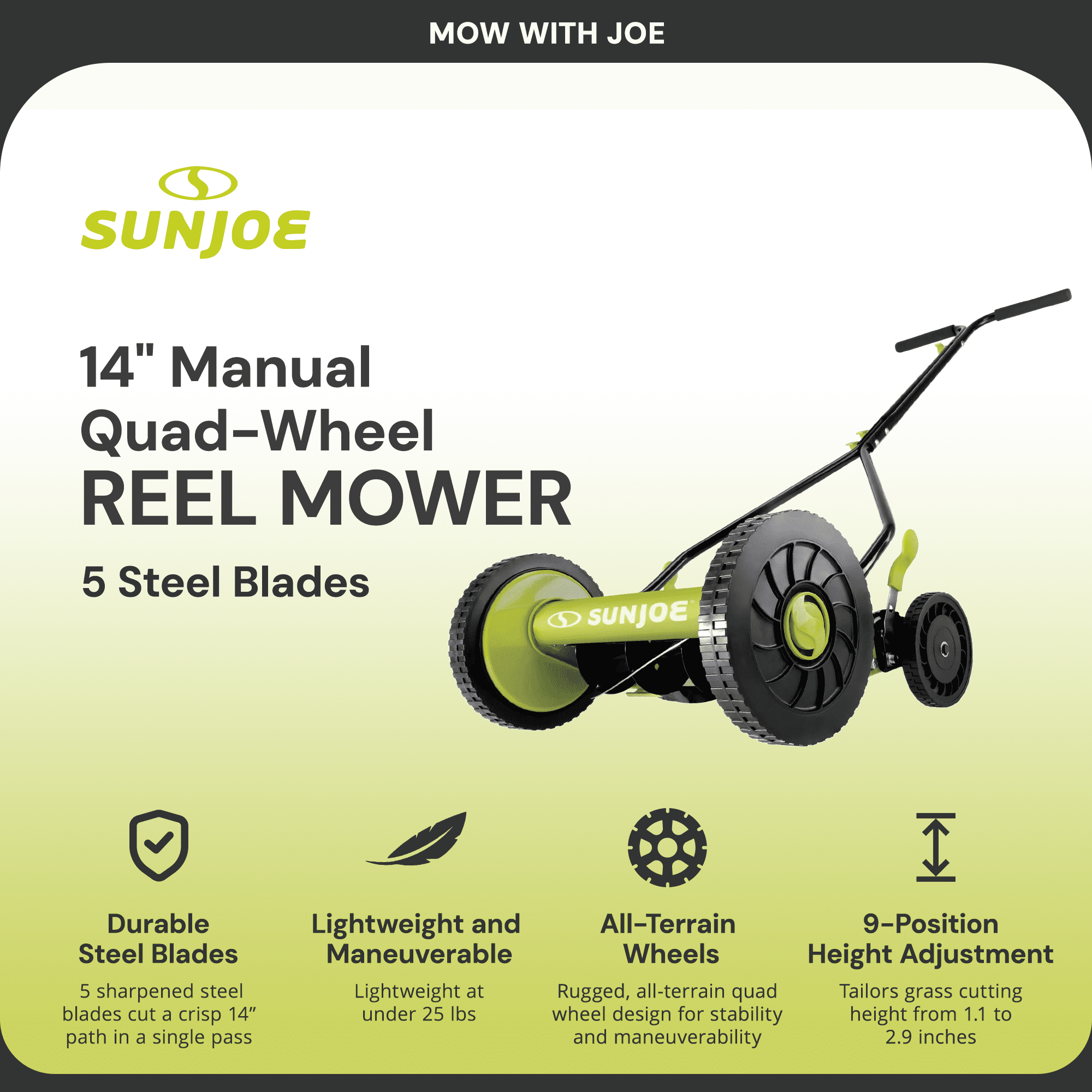Sun Joe Manual Push Reel Lawn Mower with Quad Wheel, Adjustable Yard Grass Cutter, 14-Inch