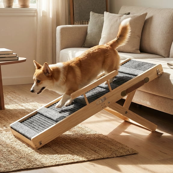 TTGIEET Dog Ramp for Couch, Foldable Wooden Pet Ramp with 4 Adjustable Heights from 14'' to 22", Portable Pet Steps with Detachable Guardrails for Small Dogs, Puppies, Injured and Old Dogs