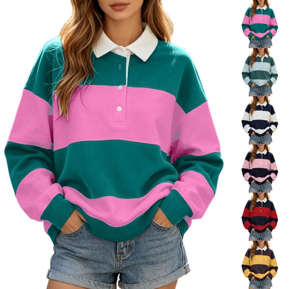 GPOECD Womens Plus Size Sweatshirt Contrast Collar Pullover Fashionable Versatile Top Long Sleeve Crew Neck Casual Streetwear Tops for Women,Hot Pink,XXXL