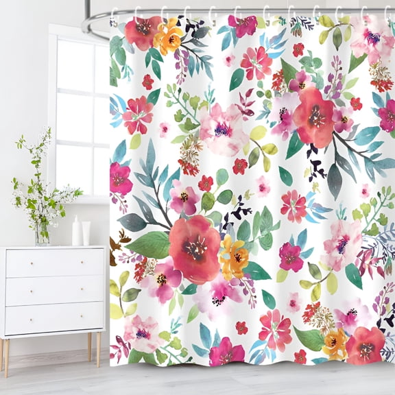 AUQ Floral Shower Curtain for Bathroom Flower Shower Curtain Watercolor Girls Shower Curtains Flowered Shower Curtain with Hooks Pink Floral Bathroom Decor Pink Shower Curtain,72" W x 72" H