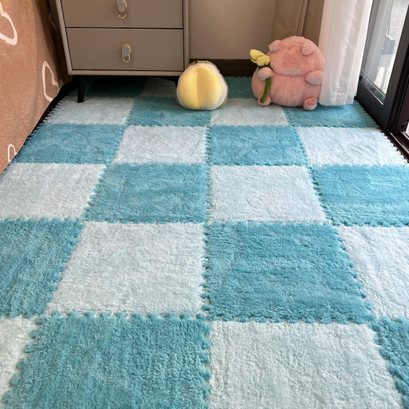 10Pcs Plush Foam Floor Mat,Plush Interlocking Carpet Tiles,Anti-Slip Square Puzzle Floor Mat,EVA Foam Area Rugs for Bedroom Playroom