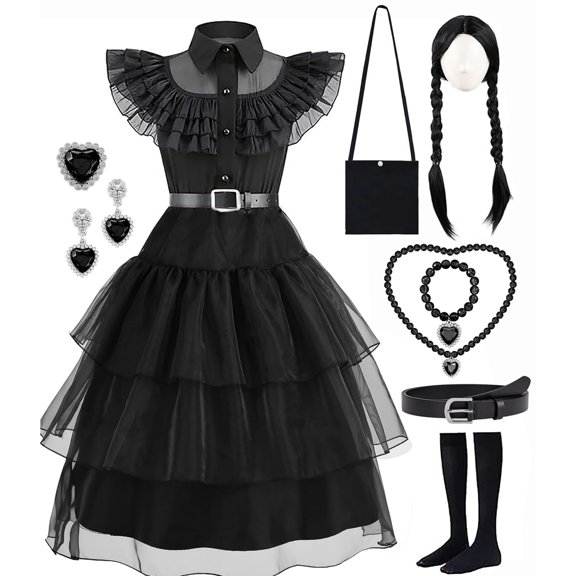 Girls Halloween Costume Fancy Dress with Wig Black for Kids Carnival Party 3-4 Years