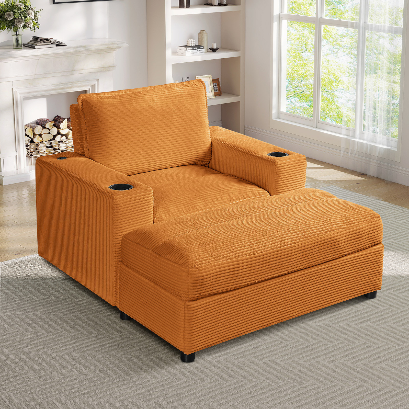 Lunale 42.8" Accent Chair with Ottoman, Indoor Chaise Lounge Chair with USB & Storage, Plush Reading Sofa Armchair for Living Room, Bedroom, Apt, Orange Corduroy