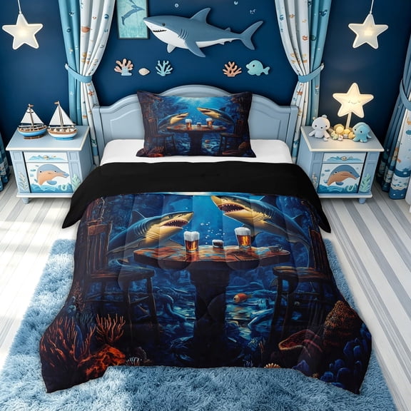 meiyoeat Ocean Navy Shark Twin Comforter Sets for Men Boys, Kawaii Coastal Animal Bedding Set, Black Reversible, 2 Pieces, 1 Comforter and 1 Pillowcase