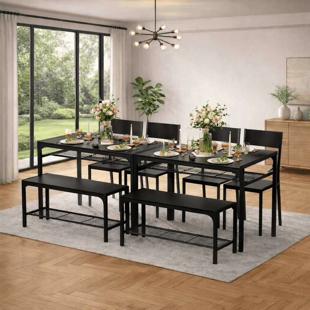 4-Piece Dining Table Set for 4, Kitchen Table with 2 Chairs & Bench, Compact Furniture for Small Space & Apartment Black