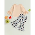 thumbnail image 4 of Wassery Toddler Girl Halloween Clothes Long Sleeve Crewneck Letter Print Tops Pumpkin Print Flare Pants Infant Baby Girl 2Pcs Fall Outfit 6M-4Y, 4 of 9